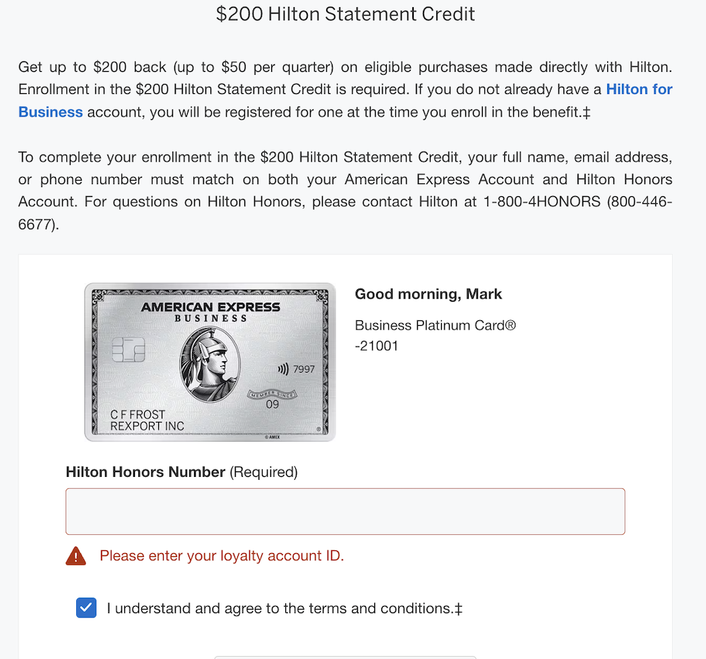 hilton benefit biz amex enrollment page